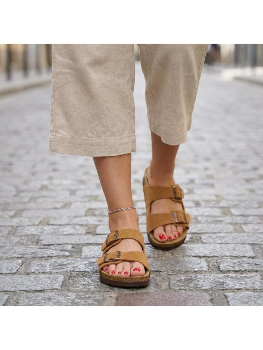 Women's Tan Suede Footbed Sandals Comfort Double Buckle Two Strap Flats Shoes - Picture 3 of 6